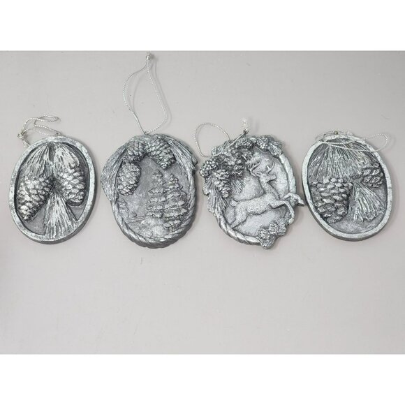 Set Of‎ 4 Silver Tone Christmas Holiday Ornaments With Pinecones & Deer Design - Picture 1 of 8